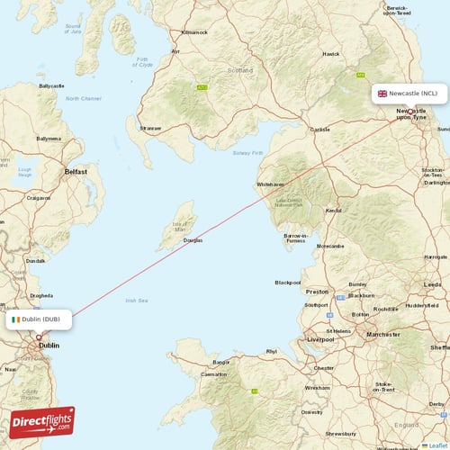 Dublin - Newcastle direct flight map