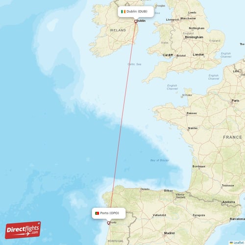 Dublin - Porto direct flight map