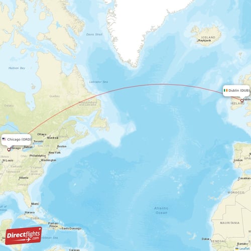 Dublin - Chicago direct flight map
