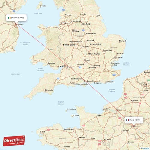 Dublin - Paris direct flight map