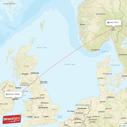 Dublin - Oslo direct flight map