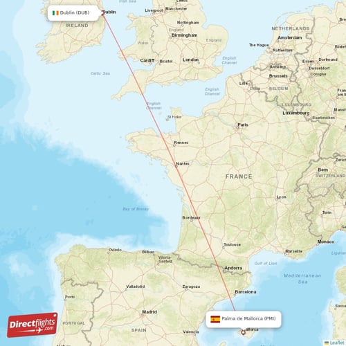 Dublin - Palma de Mallorca direct flight map