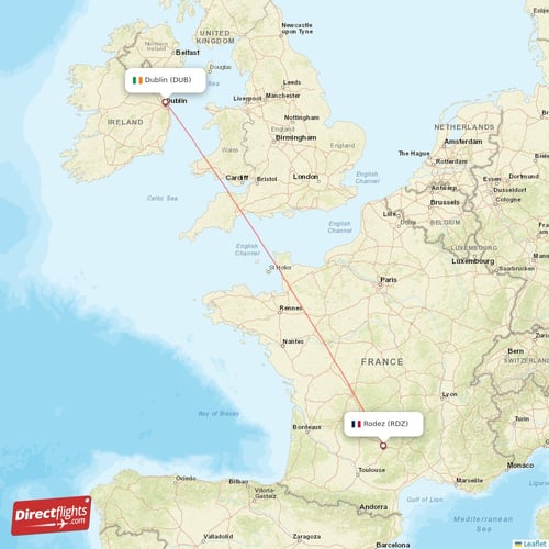 Dublin - Rodez direct flight map