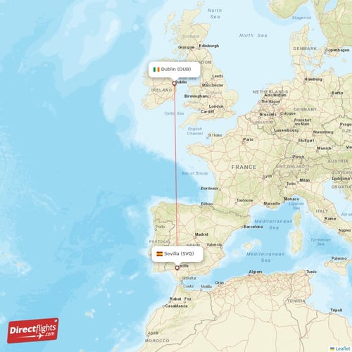 Dublin - Sevilla direct flight map