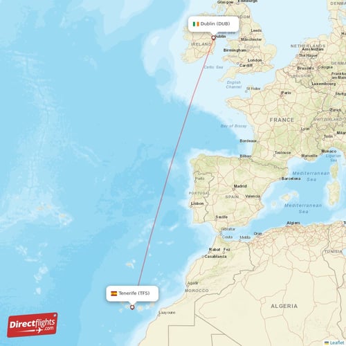 Dublin - Tenerife direct flight map