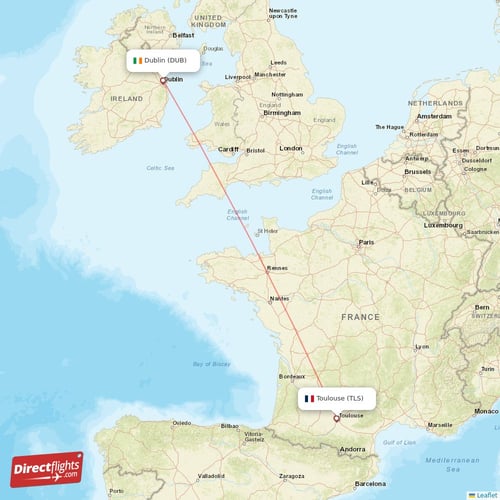 Dublin - Toulouse direct flight map