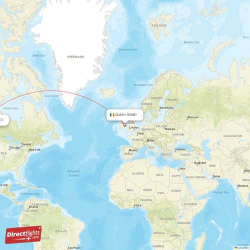 Dublin - Calgary direct flight map