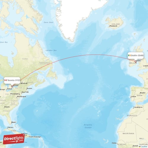 Dublin - Toronto direct flight map