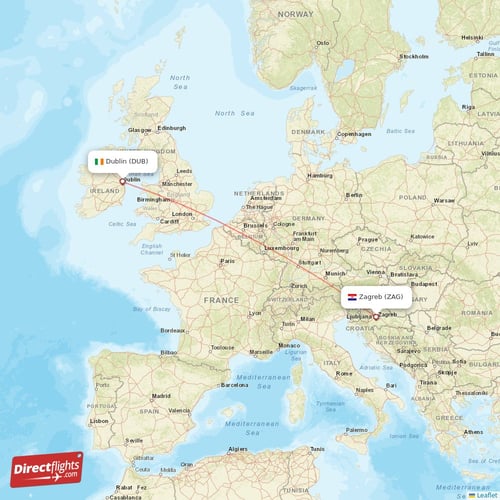 Dublin - Zagreb direct flight map