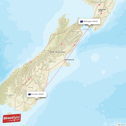 Dunedin - Wellington direct flight map