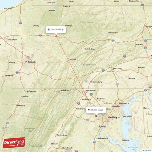 Dubois - Dulles direct flight map