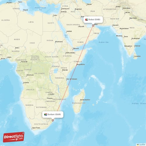 Durban - Dubai direct flight map