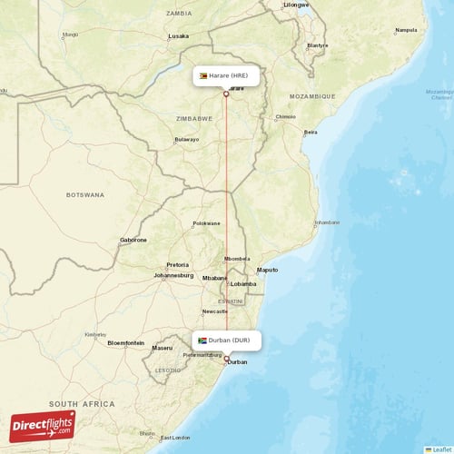 Durban - Harare direct flight map