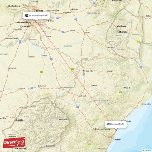 Durban - Johannesburg direct flight map