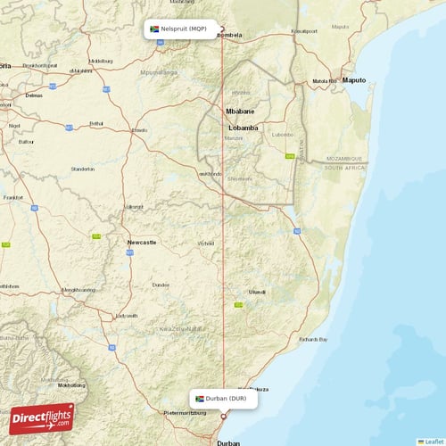 Durban - Nelspruit direct flight map