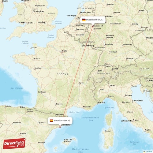 Dusseldorf - Barcelona direct flight map