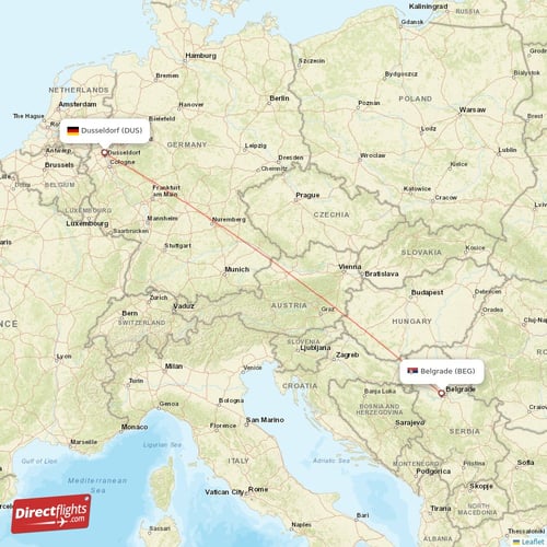 Dusseldorf - Belgrade direct flight map