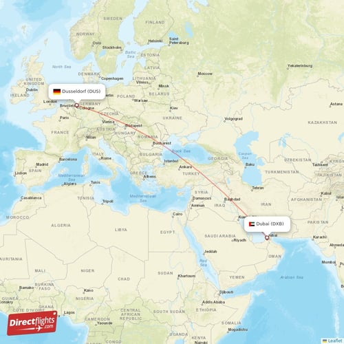 Dusseldorf - Dubai direct flight map