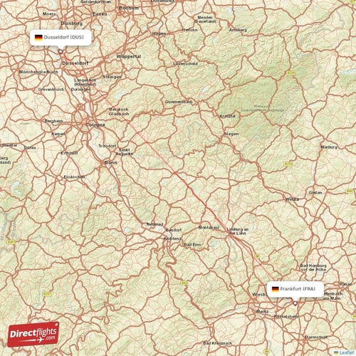 Dusseldorf - Frankfurt direct flight map