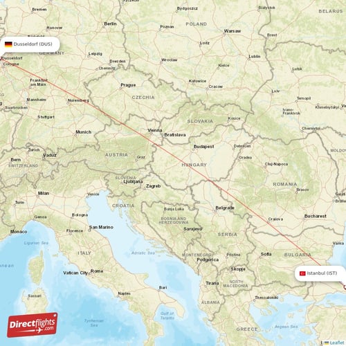 Dusseldorf - Istanbul direct flight map