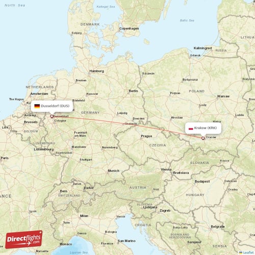 Dusseldorf - Krakow direct flight map