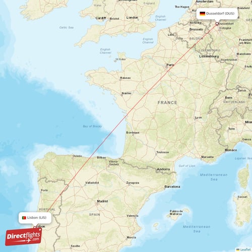 Dusseldorf - Lisbon direct flight map