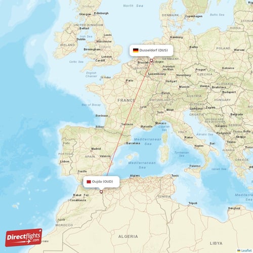 Dusseldorf - Oujda direct flight map