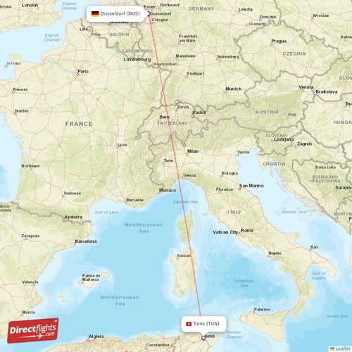 Dusseldorf - Tunis direct flight map