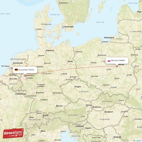 Dusseldorf - Warsaw direct flight map