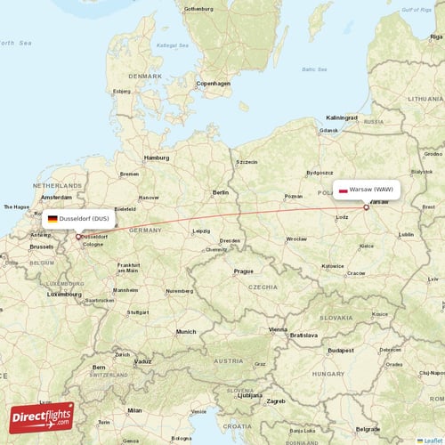 Dusseldorf - Warsaw direct flight map