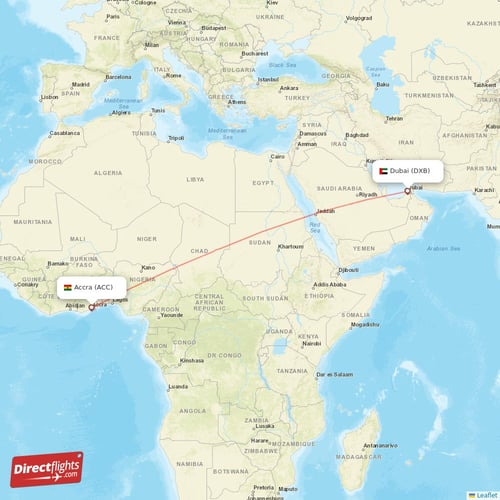 Dubai - Accra direct flight map