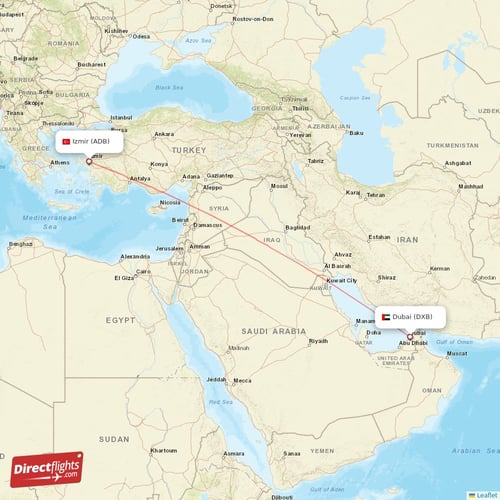 Dubai - Izmir direct flight map