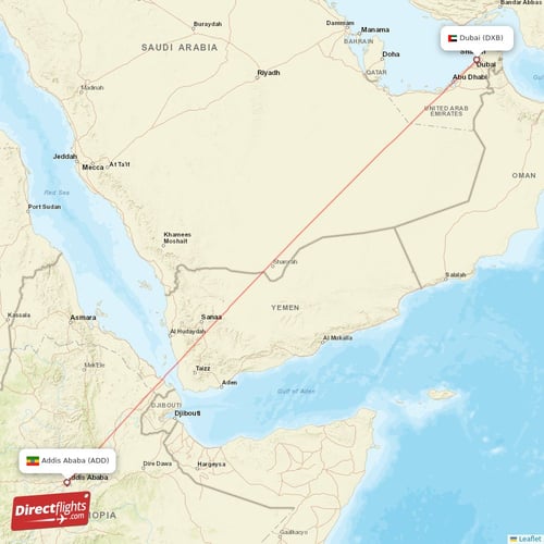 Dubai - Addis Ababa direct flight map
