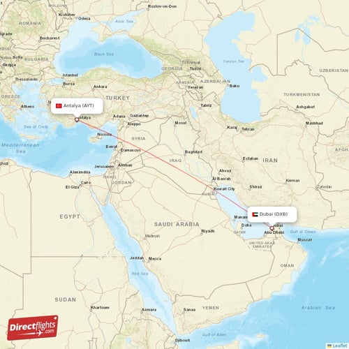 Dubai - Antalya direct flight map