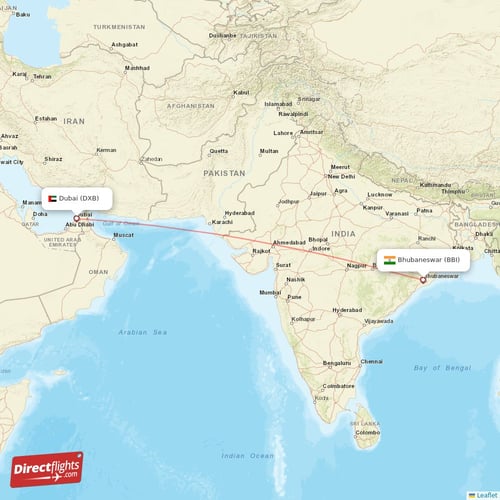 Dubai - Bhubaneswar direct flight map