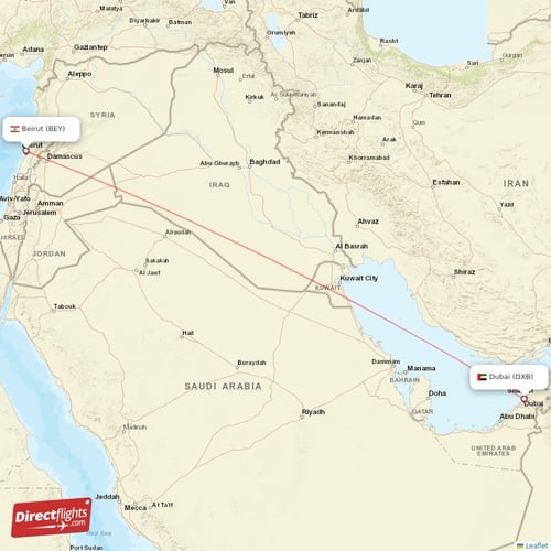 Dubai - Beirut direct flight map
