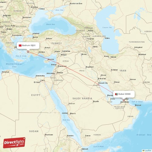 Dubai - Bodrum direct flight map
