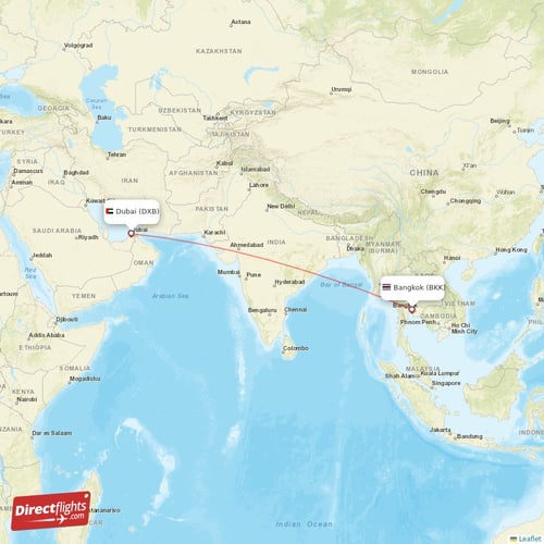 Dubai - Bangkok direct flight map