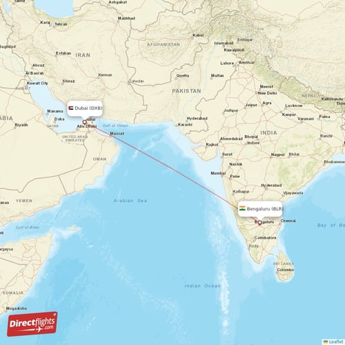 Dubai - Bengaluru direct flight map