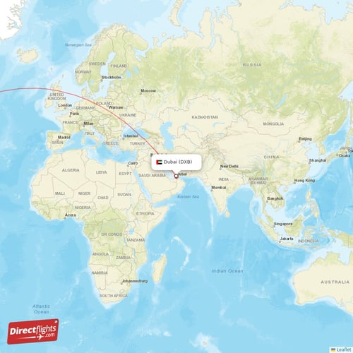 Dubai - Boston direct flight map