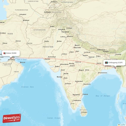 Dubai - Chittagong direct flight map