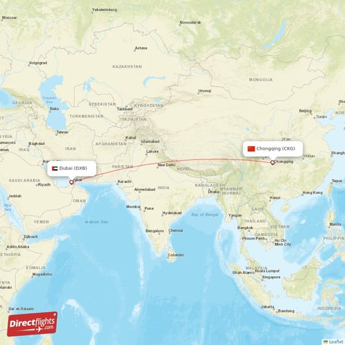 Dubai - Chongqing direct flight map