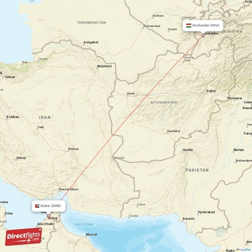 Dubai - Dushanbe direct flight map