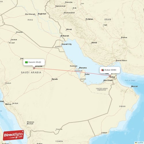 Dubai - Gassim direct flight map