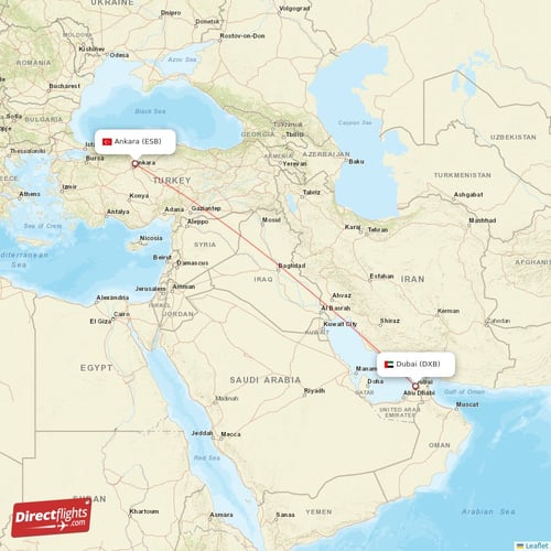 Dubai - Ankara direct flight map