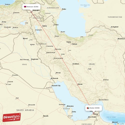 Dubai - Yerevan direct flight map