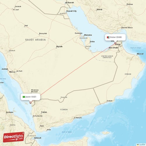Dubai - Jazan direct flight map