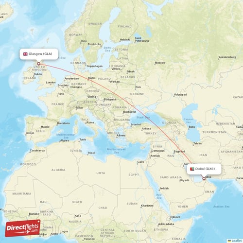 Dubai - Glasgow direct flight map