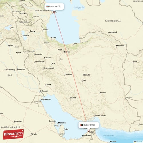 Dubai - Baku direct flight map