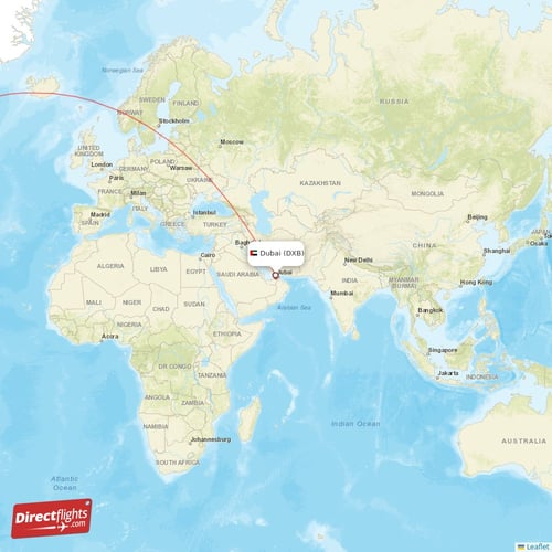Dubai - Houston direct flight map
